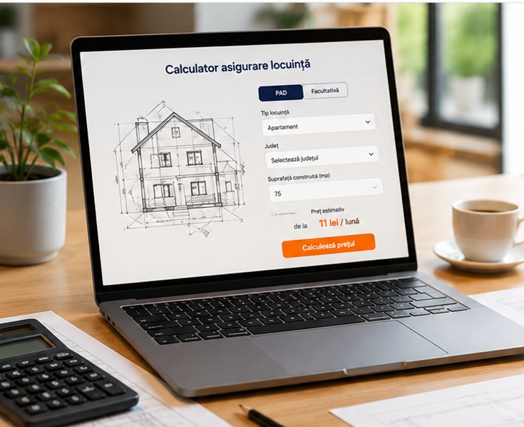 Laptop cu schiță de casă, instrumente de calcul și documente pentru ofertarea online